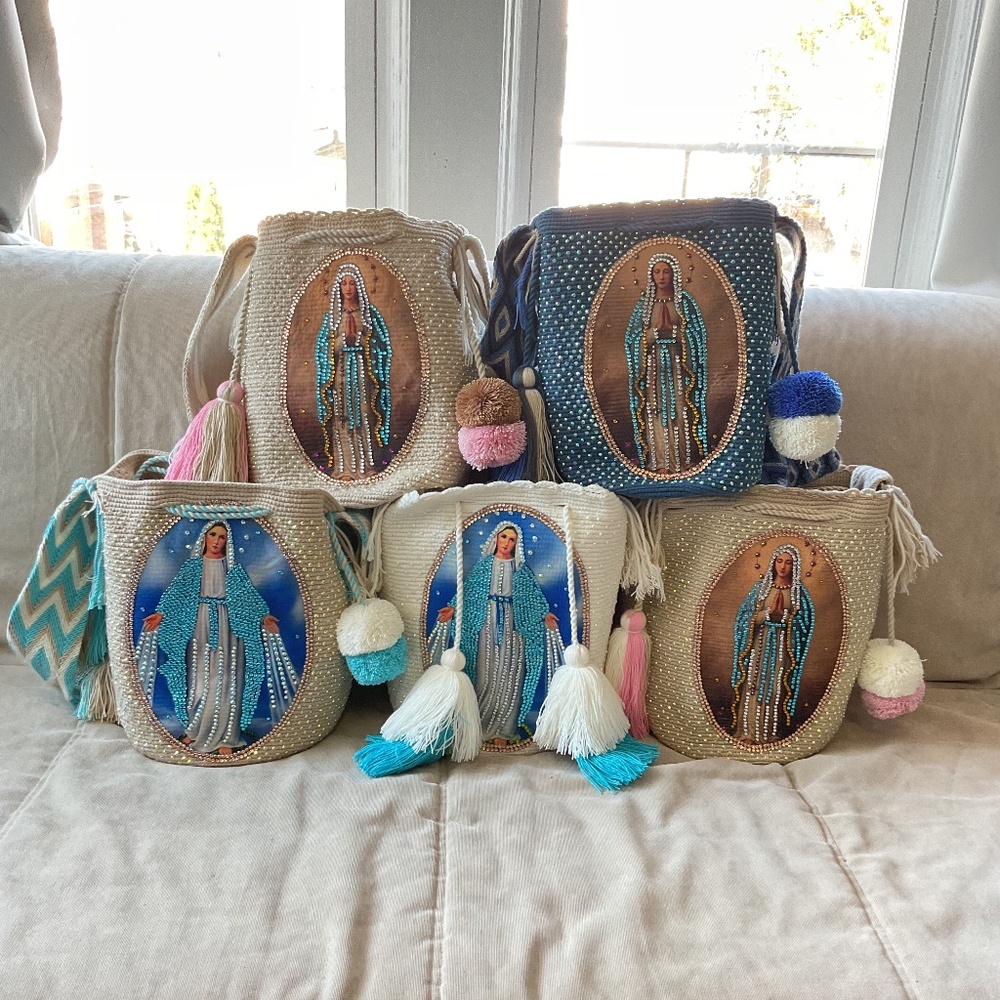 Marian devotion Handmade Wayuu Artisan shoulder bag, featuring Virgin Image